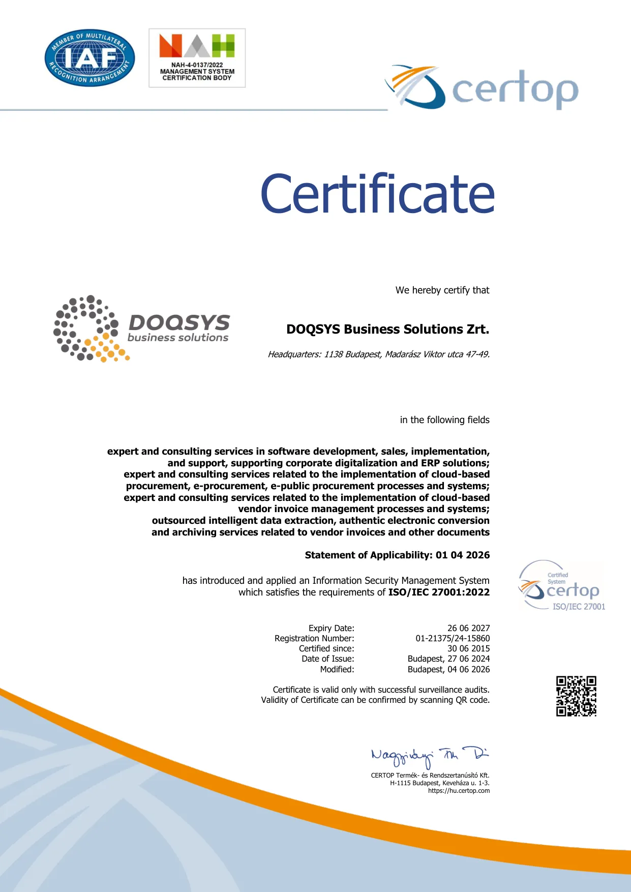 CERTOP certificate: DOQSYS Business Solutions Zrt. operates an Information Security Management System satisfying the requirements of ISO/IEC 27001:2022