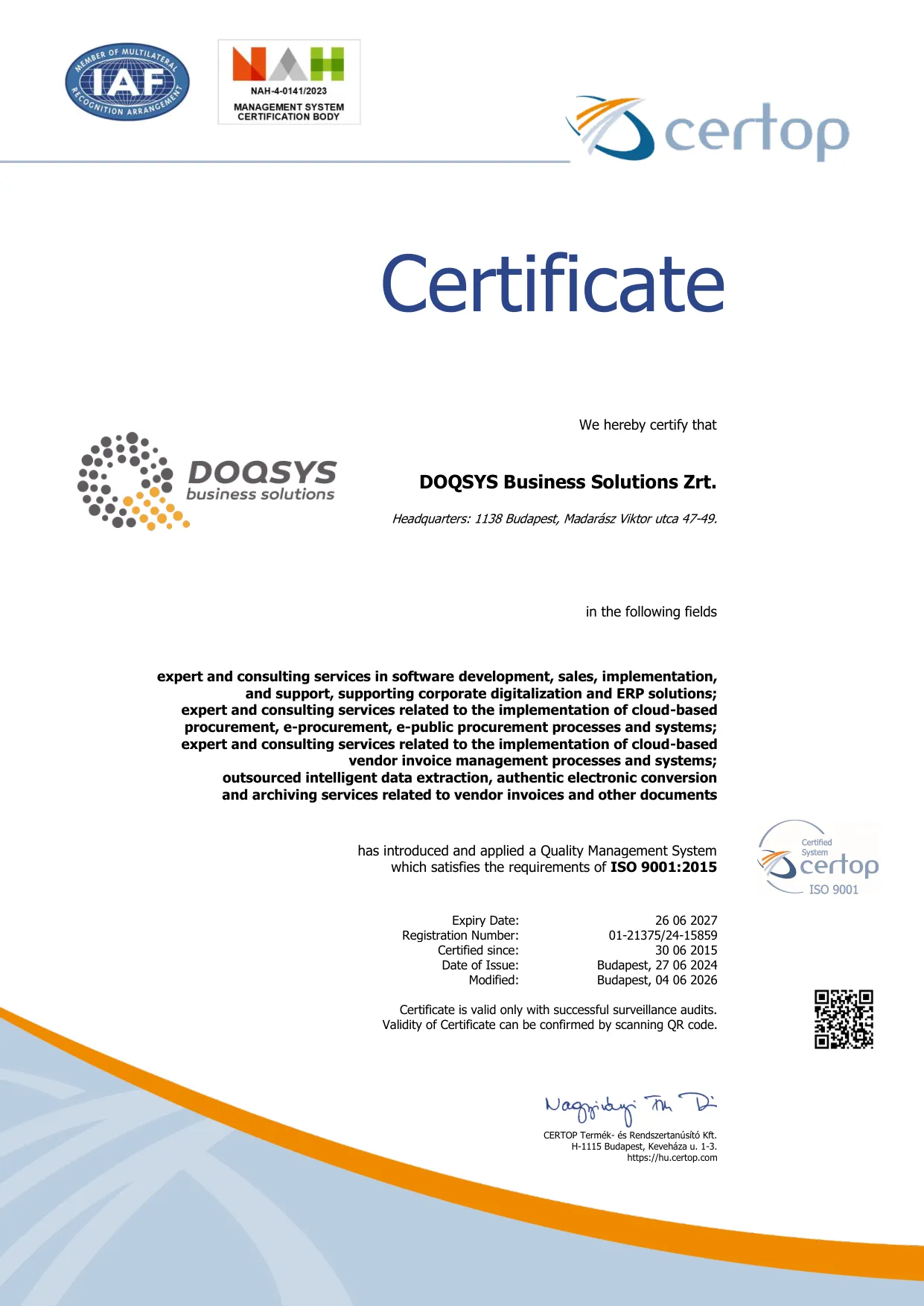CERTOP certificate: DOQSYS Business Solutions Zrt. operates a Quality Management System satisfying the requirements of ISO 9001:2015